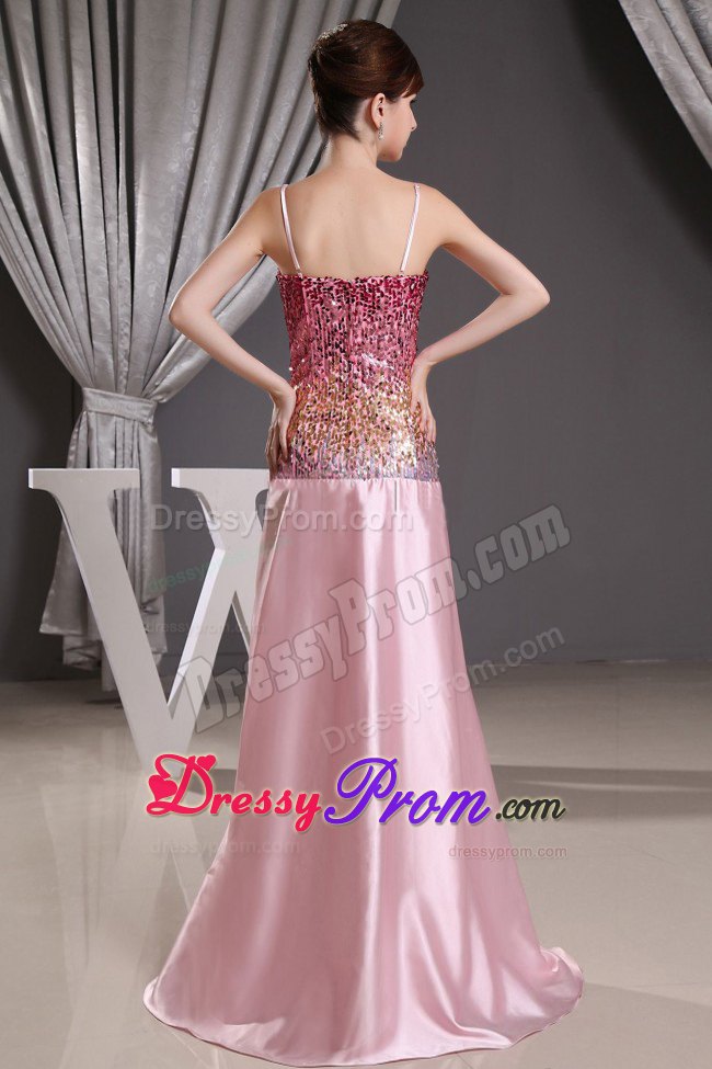 Spaghetti Straps Ruched Sequins Baby Pink Prom Dress for Girls