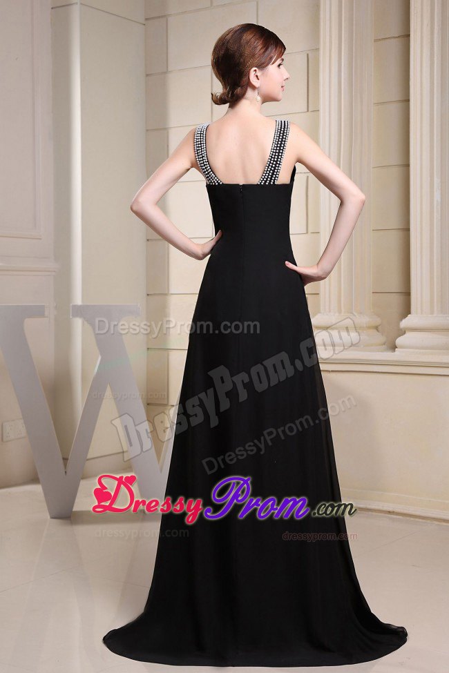 Cheap Bateau Neck Brush Train Beaded Slitted Black Prom Dress