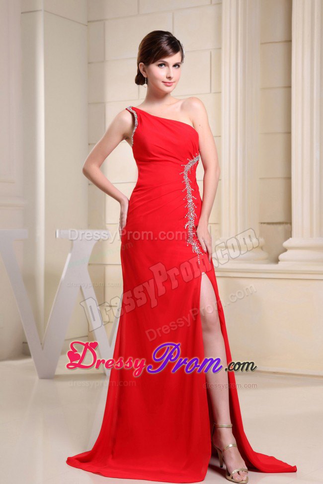 One Shoulder Beaded Slitted Red Prom Party Dress in Hampshire
