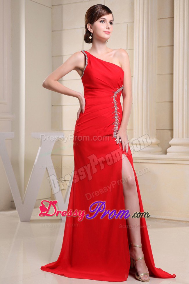 One Shoulder Beaded Slitted Red Prom Party Dress in Hampshire