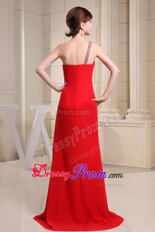 One Shoulder Beaded Slitted Red Prom Party Dress in Hampshire