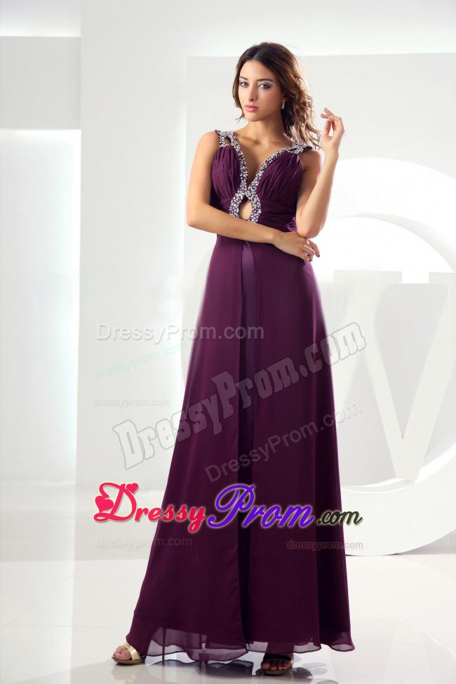 Empire V-neck Beaded Ruched Purple Long Dress for Prom Queen