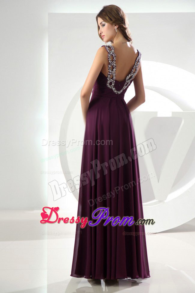 Empire V-neck Beaded Ruched Purple Long Dress for Prom Queen