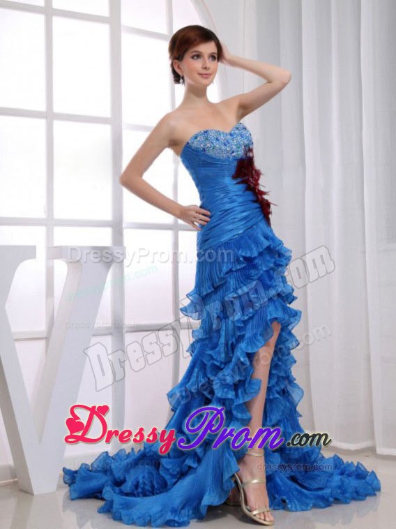 High-low Mermaid Organza Royal Blue Prom Dress Beading Ruffled