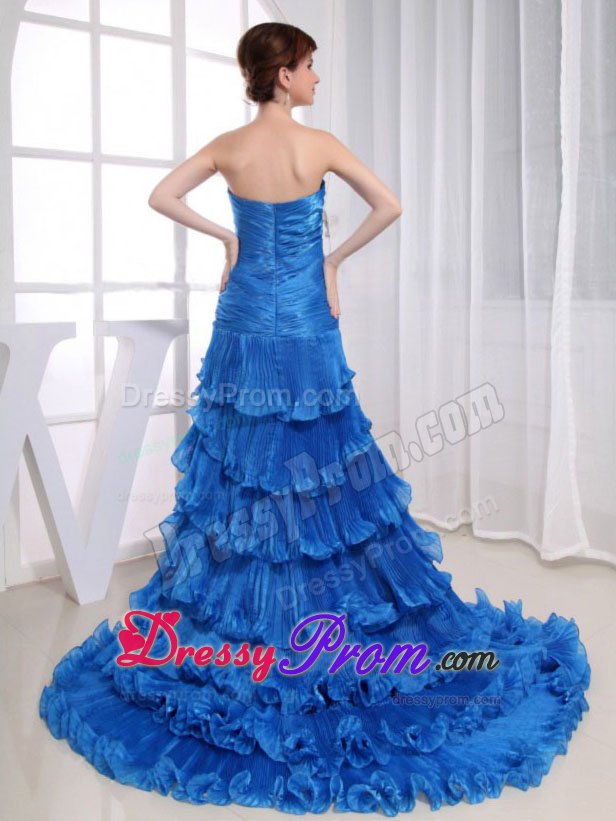 High-low Mermaid Organza Royal Blue Prom Dress Beading Ruffled