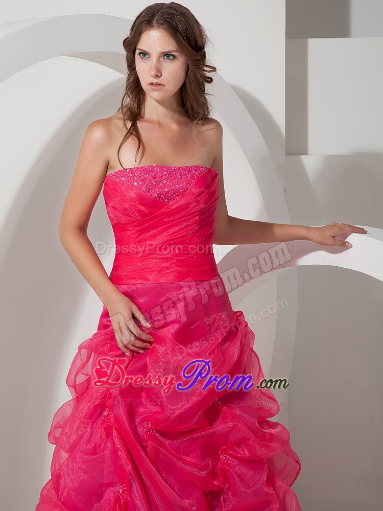 Strapless Pick Ups Hot Pink Beaded Prom Celebrity Dresses