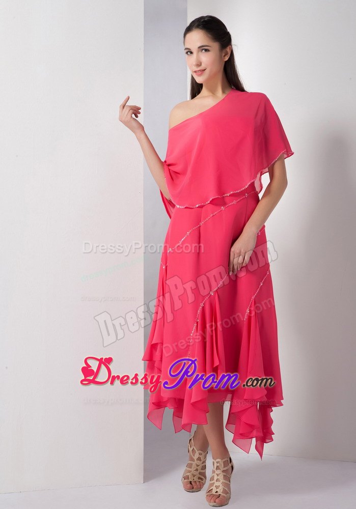 Coral Red Strapless Tea-Length Prom Party Dress with Paillette