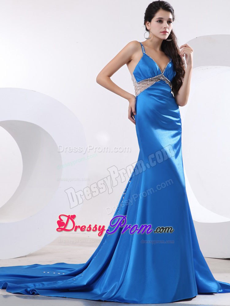 Luxury Sky Blue Straps Long Junior Prom with Crisscross Back