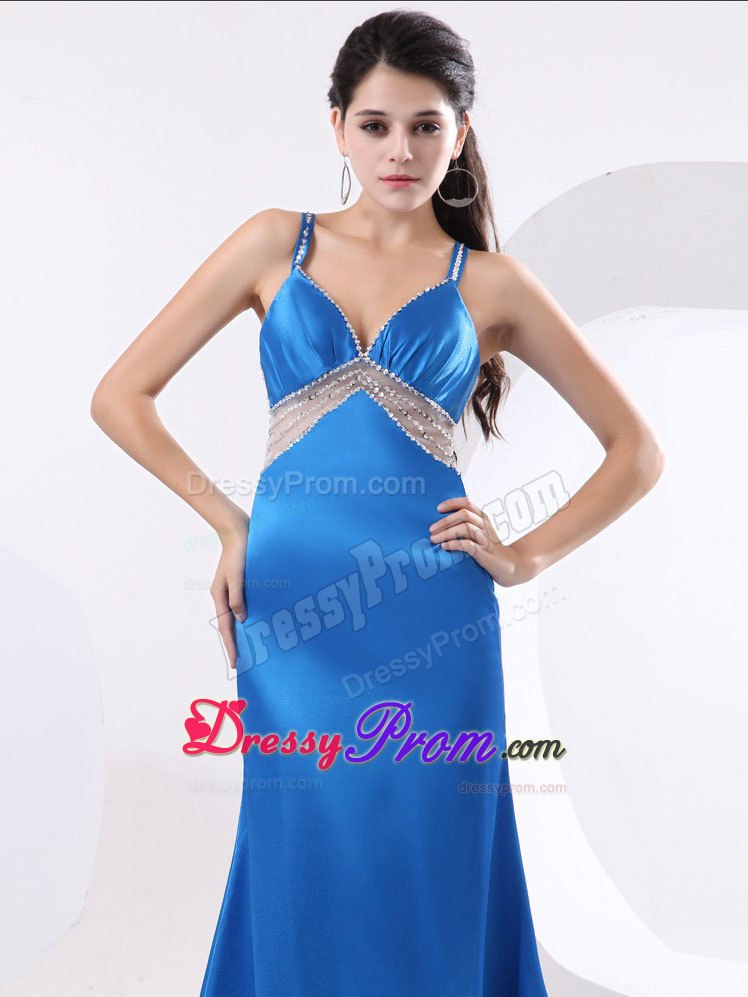 Luxury Sky Blue Straps Long Junior Prom with Crisscross Back
