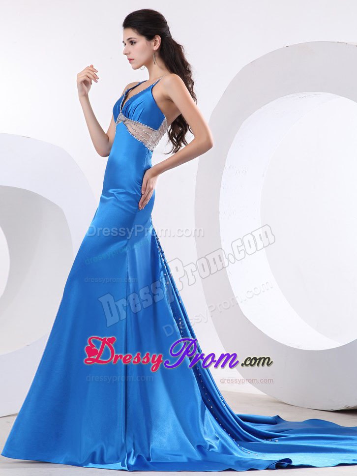 Luxury Sky Blue Straps Long Junior Prom with Crisscross Back