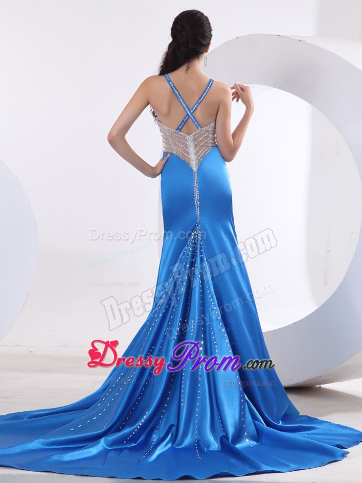Luxury Sky Blue Straps Long Junior Prom with Crisscross Back