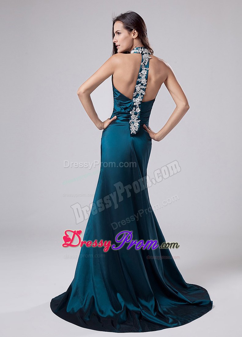 Appliques Halter Turquoise Taffeta Ruched Prom Dress for Cheap