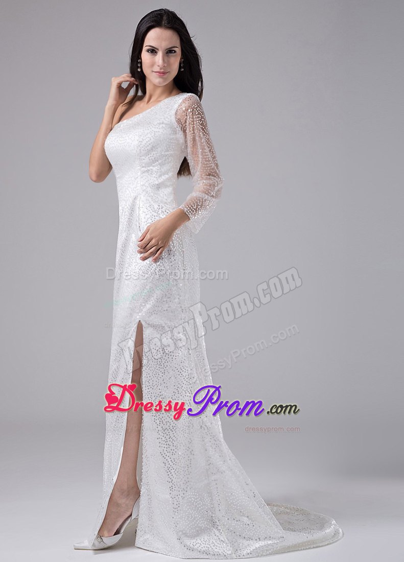 High Slit White One Shoulder Single Sleeve Prom Dress Sequined