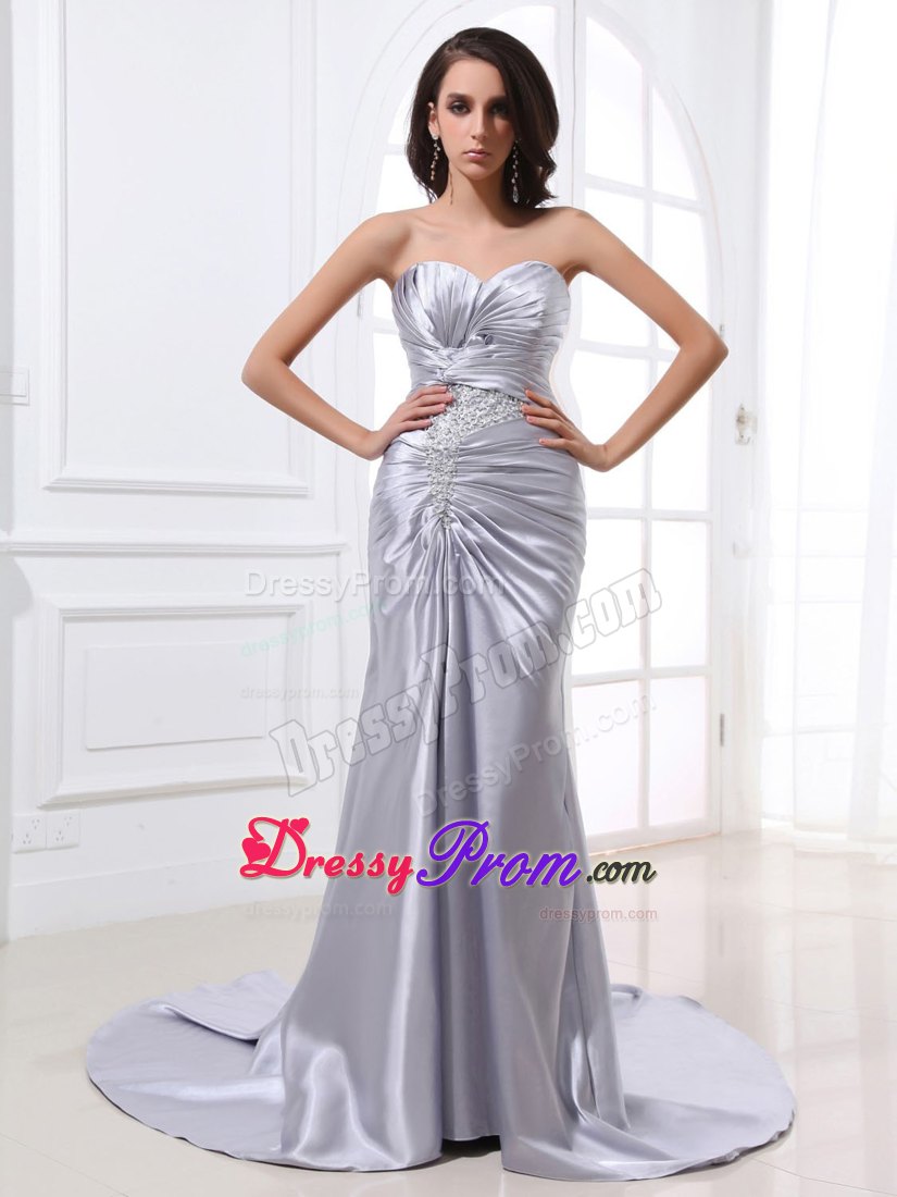 Silver Satin Ruched Prom Dress With Beading and Brush Train