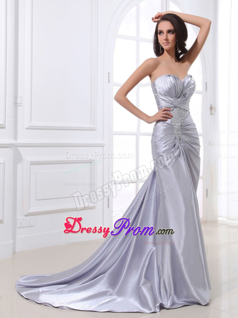 Silver Satin Ruched Prom Dress With Beading and Brush Train