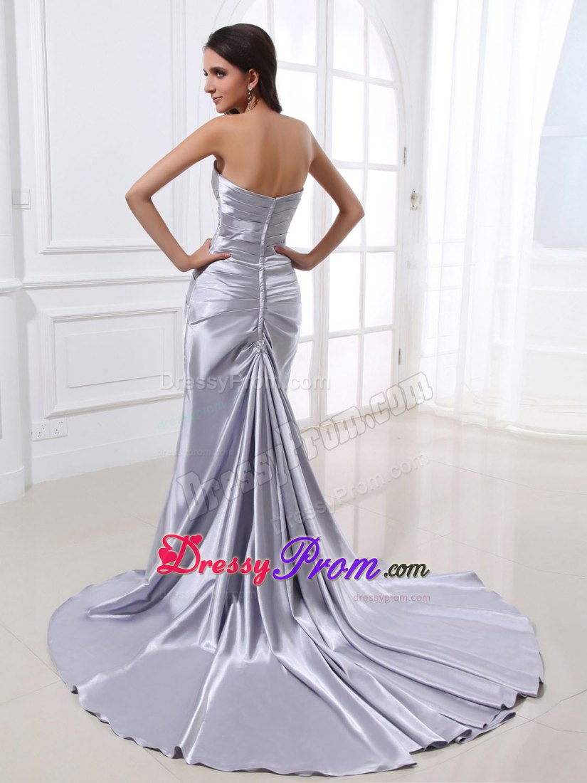 Silver Satin Ruched Prom Dress With Beading and Brush Train