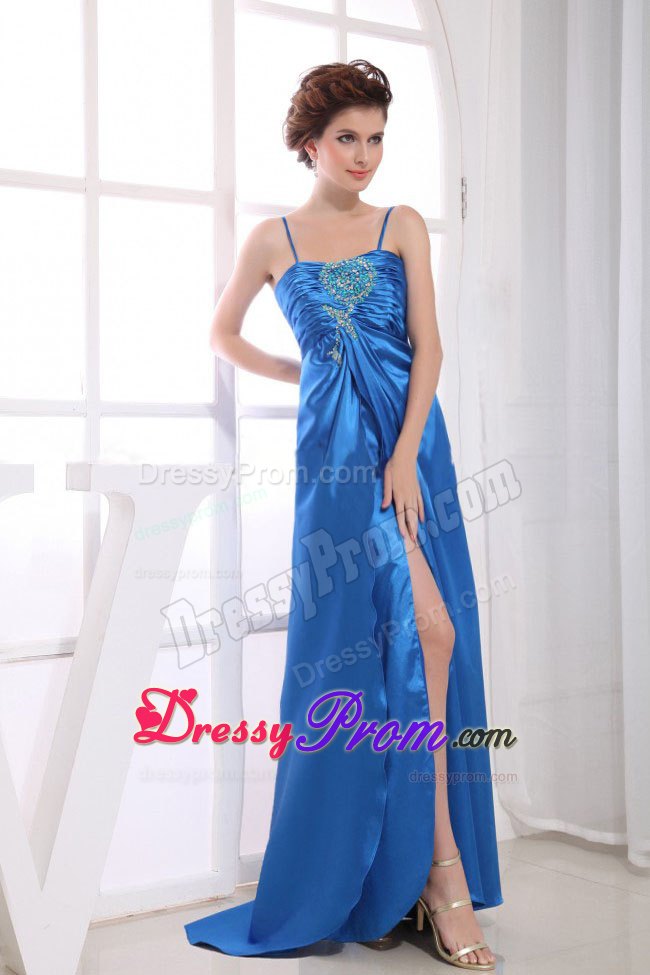 Exquisite Spaghetti Straps Slitted Appliqued Long Prom Dress