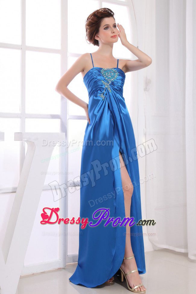Exquisite Spaghetti Straps Slitted Appliqued Long Prom Dress