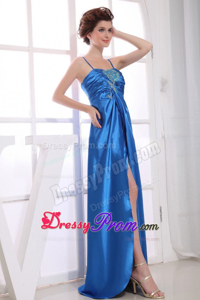 Exquisite Spaghetti Straps Slitted Appliqued Long Prom Dress