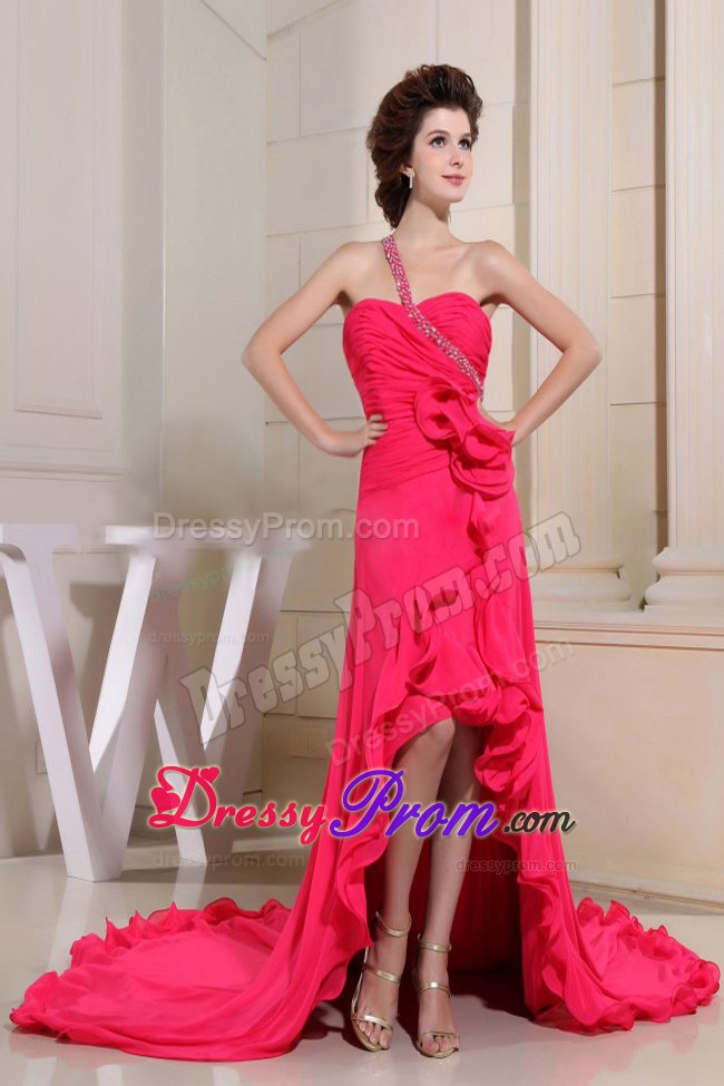 Coral Red High-low Prom Dress With One Shoulder Hand Flowers