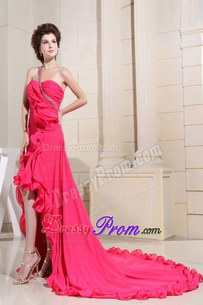 Coral Red High-low Prom Dress With One Shoulder Hand Flowers