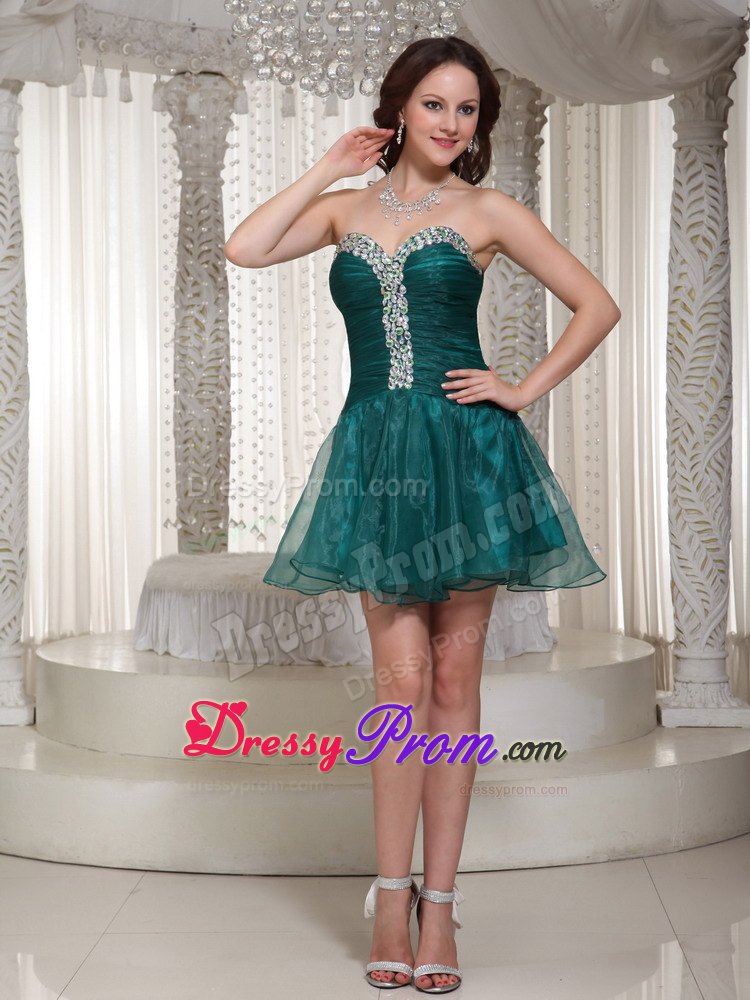Best Peacock Green Puffy Mini Prom Dress with Rhinestones