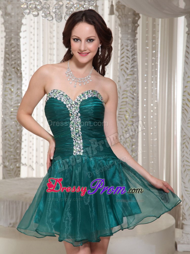 Best Peacock Green Puffy Mini Prom Dress with Rhinestones
