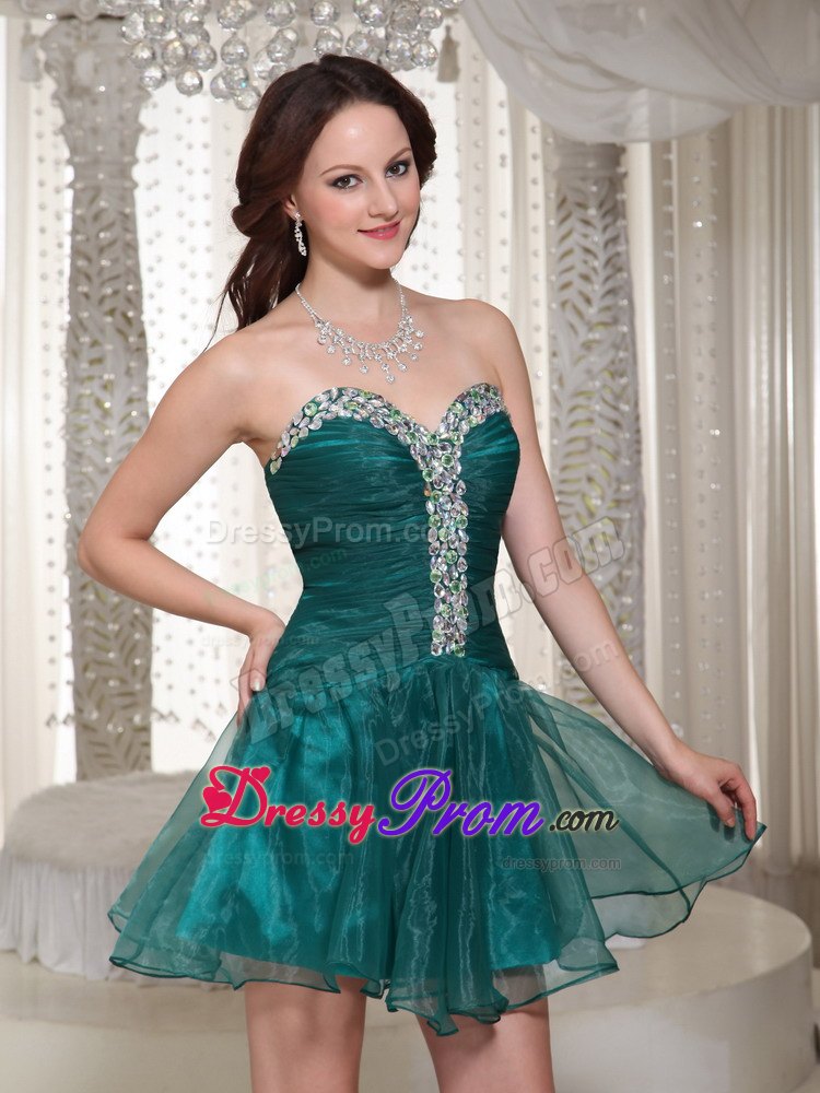 Best Peacock Green Puffy Mini Prom Dress with Rhinestones