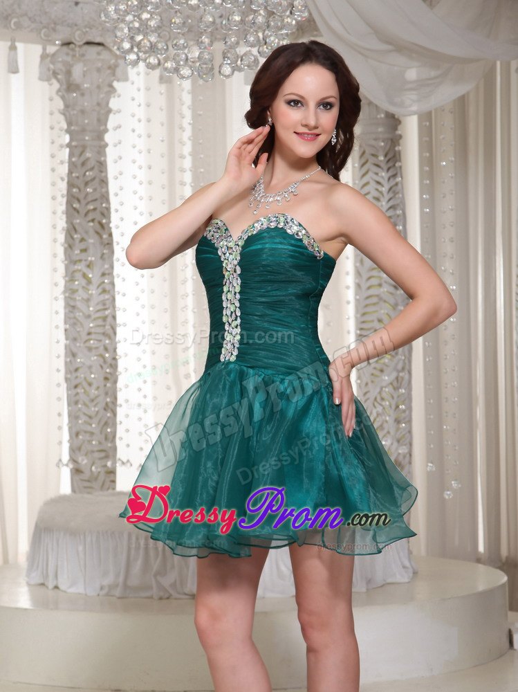 Best Peacock Green Puffy Mini Prom Dress with Rhinestones