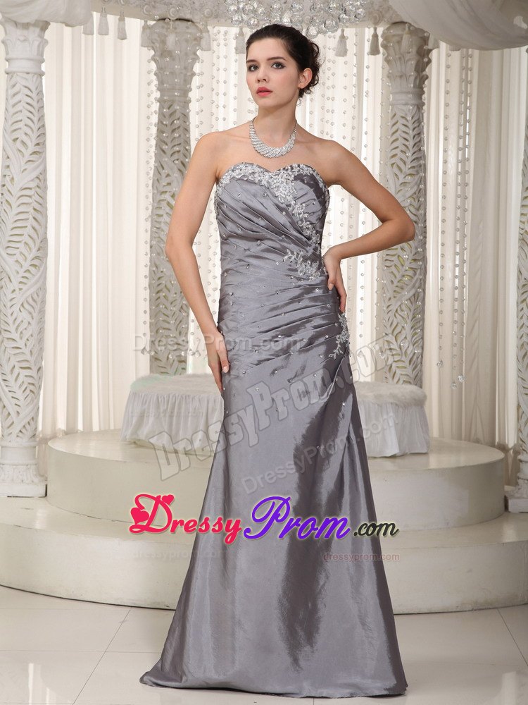 inexpensive Gray Long Prom Dress with Appliques and Beading