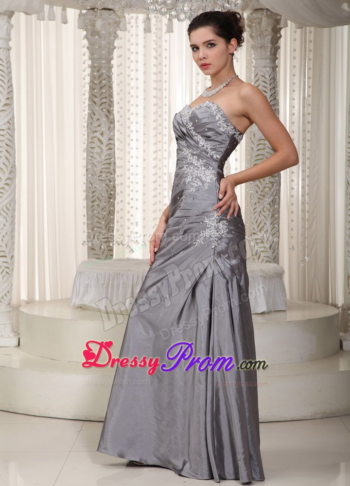 inexpensive Gray Long Prom Dress with Appliques and Beading