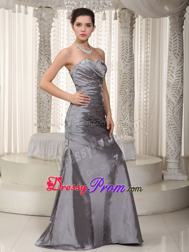 inexpensive Gray Long Prom Dress with Appliques and Beading