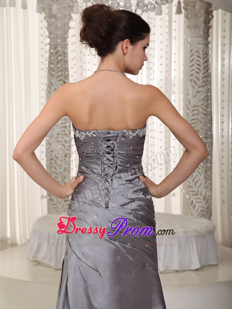 inexpensive Gray Long Prom Dress with Appliques and Beading