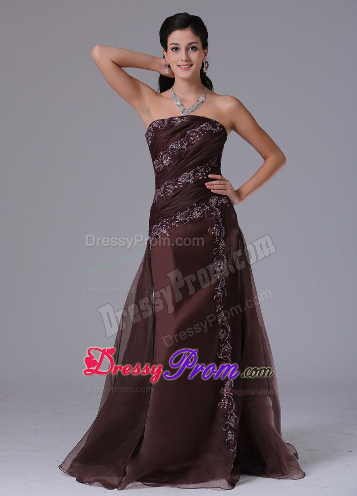 Brown Strapless Arkansas Column Prom Gown Dress With Appliques