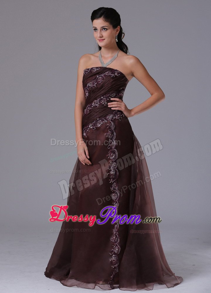 Brown Strapless Arkansas Column Prom Gown Dress With Appliques