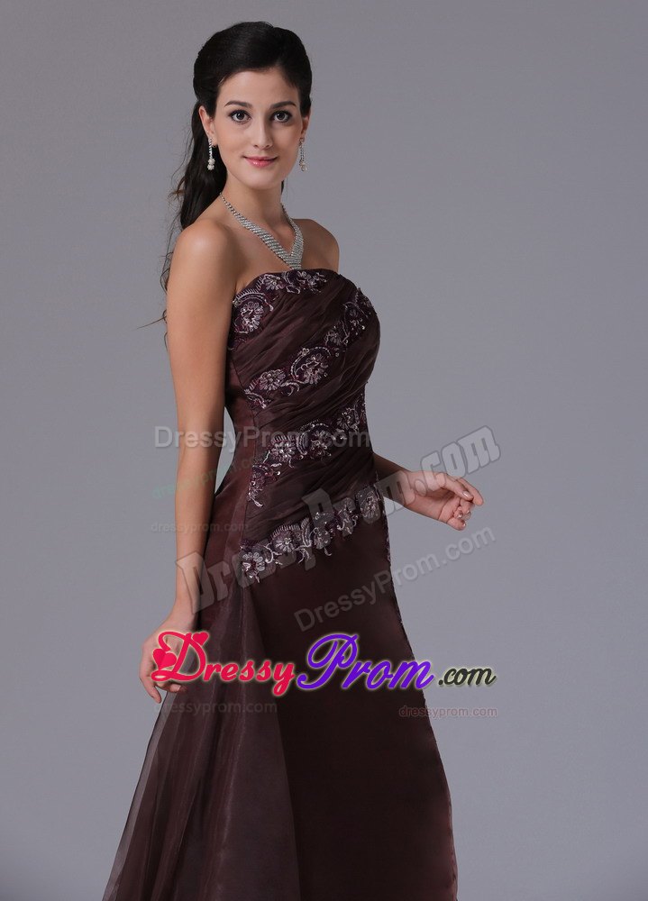 Brown Strapless Arkansas Column Prom Gown Dress With Appliques