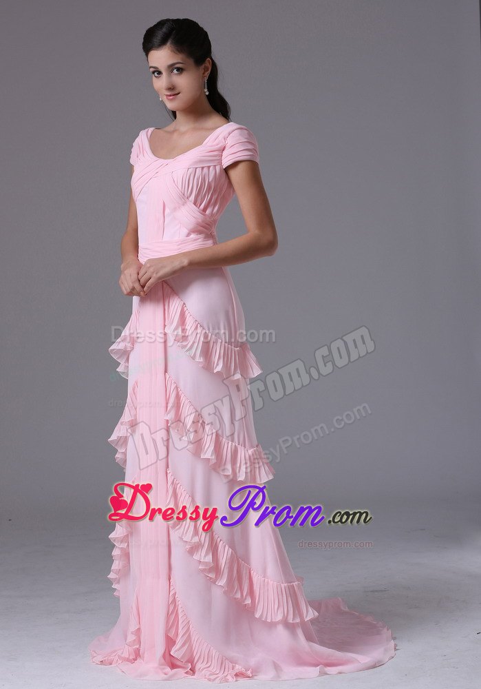 Arizona Baby Pink Column Short Sleeves Scoop Prom Gown Layered