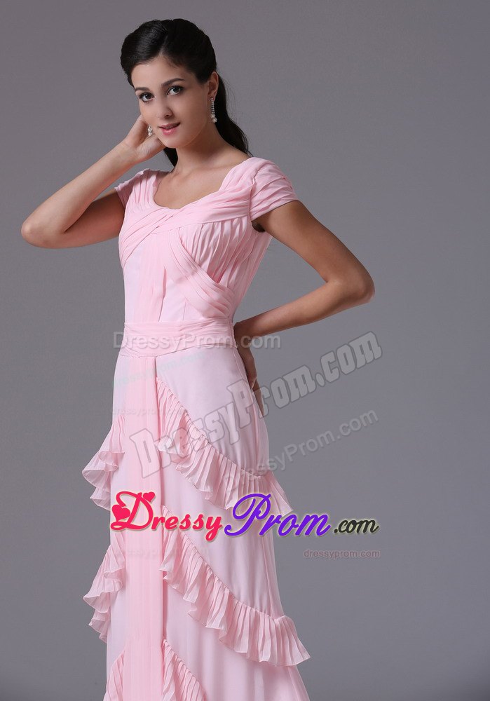 Arizona Baby Pink Column Short Sleeves Scoop Prom Gown Layered