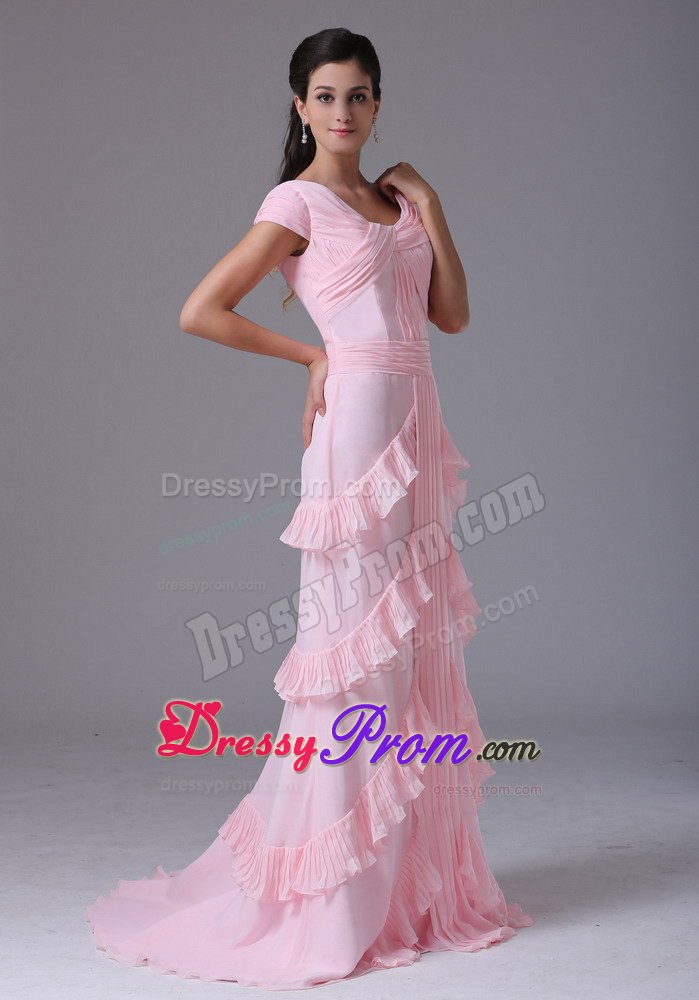 Arizona Baby Pink Column Short Sleeves Scoop Prom Gown Layered