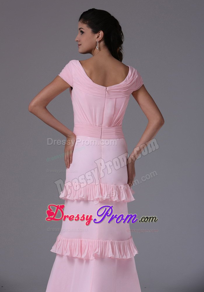 Arizona Baby Pink Column Short Sleeves Scoop Prom Gown Layered