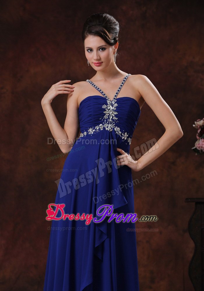 2013 Beaded Straps Royal Blue Prom Dress with V-neck and Ruffle