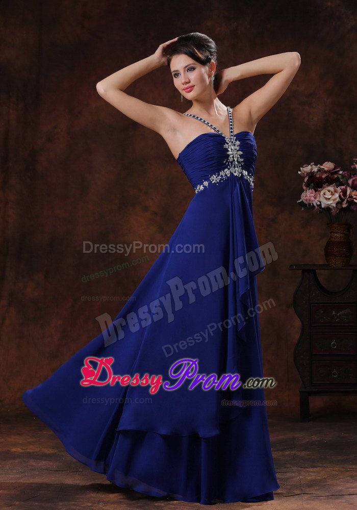2013 Beaded Straps Royal Blue Prom Dress with V-neck and Ruffle