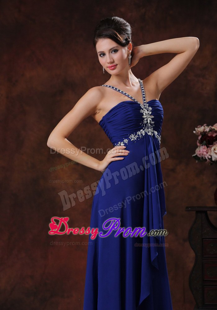 2013 Beaded Straps Royal Blue Prom Dress with V-neck and Ruffle