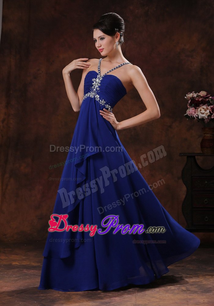 2013 Beaded Straps Royal Blue Prom Dress with V-neck and Ruffle