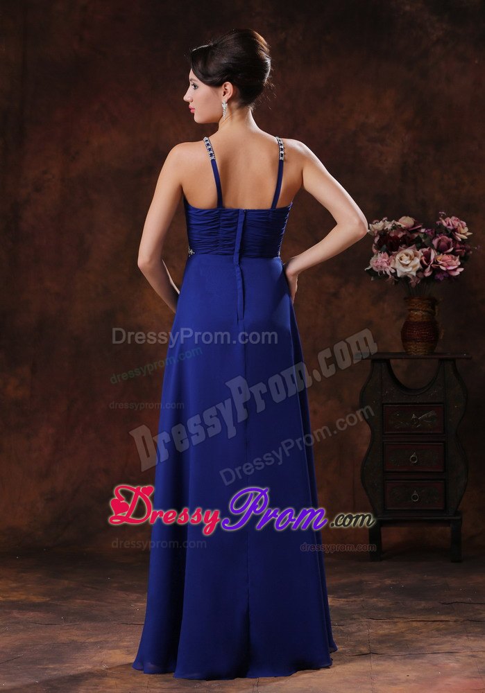 2013 Beaded Straps Royal Blue Prom Dress with V-neck and Ruffle