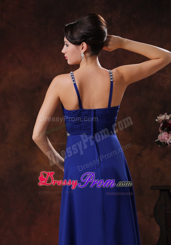 2013 Beaded Straps Royal Blue Prom Dress with V-neck and Ruffle