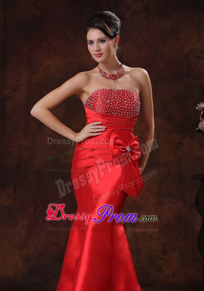 Strapless Mermaid Red Satin Prom Dress with Bowknot and Beads