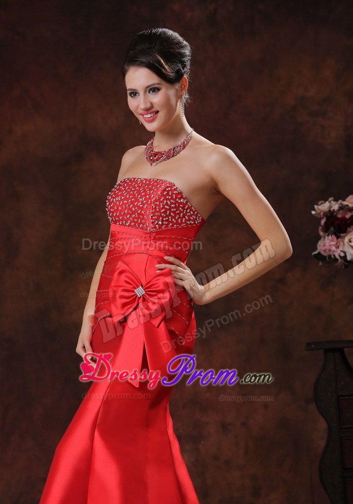 Strapless Mermaid Red Satin Prom Dress with Bowknot and Beads