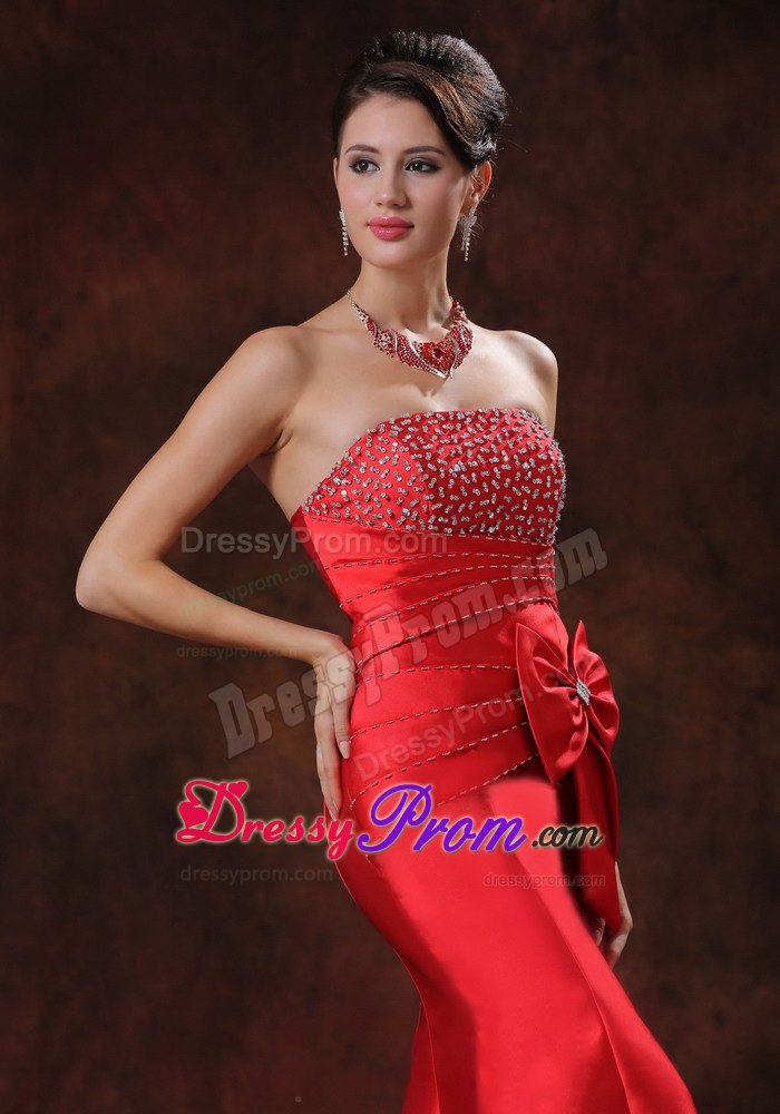 Strapless Mermaid Red Satin Prom Dress with Bowknot and Beads