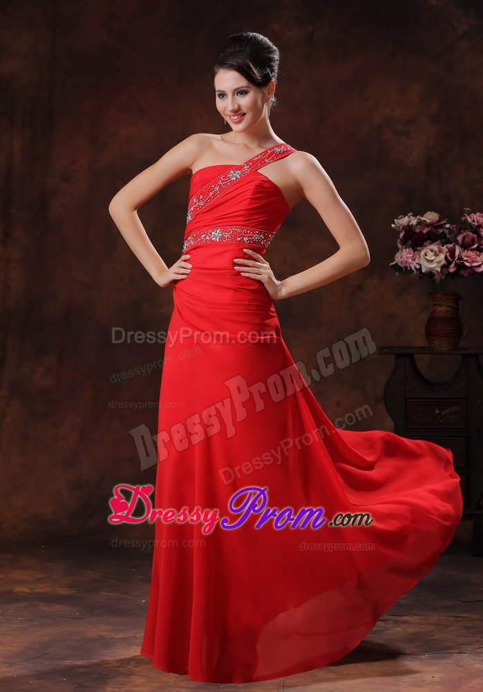 Red One Shoulder Chiffon Ruching Beaded Prom Dress In Alabama
